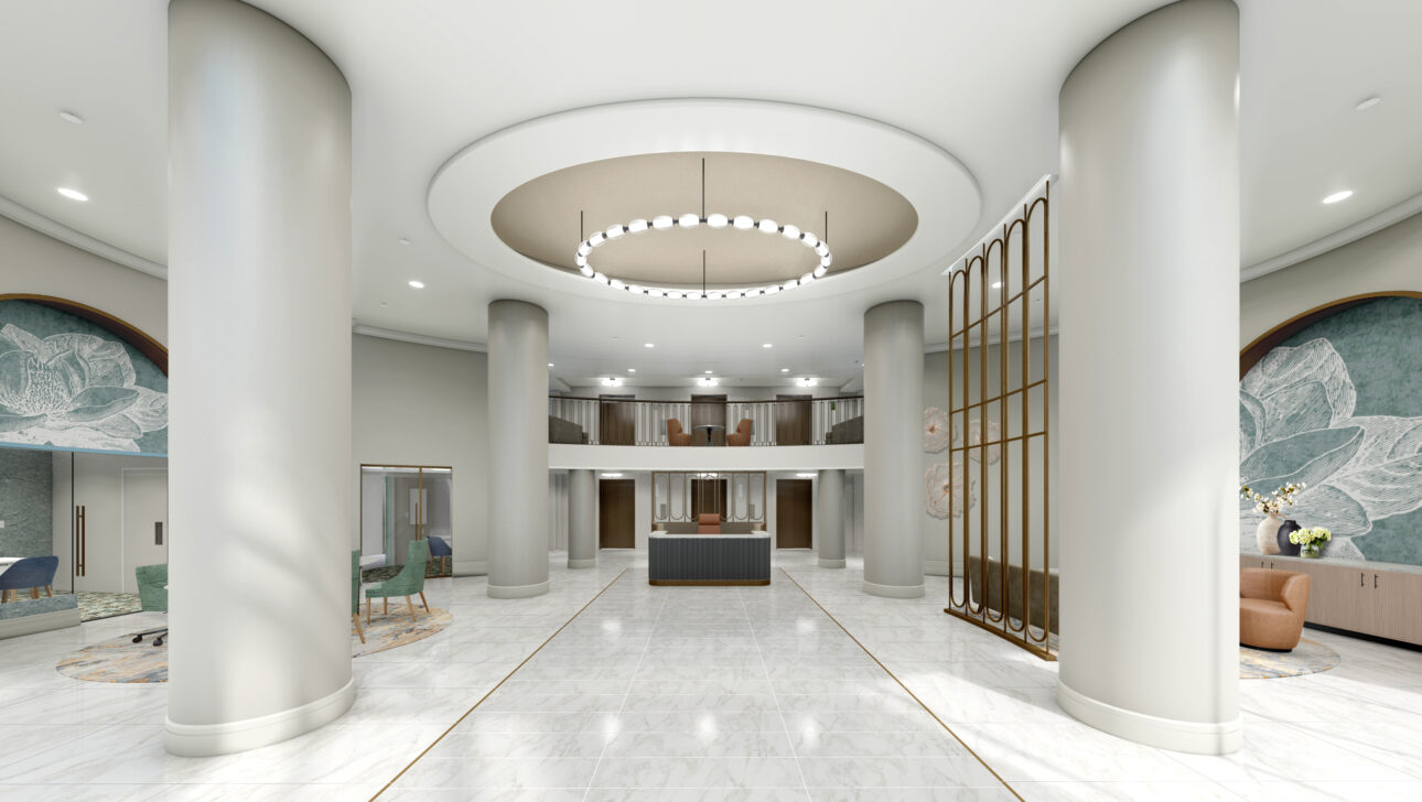 A rendering of the brightly lit, modern lobby with seating areas and magnolia wall murals.