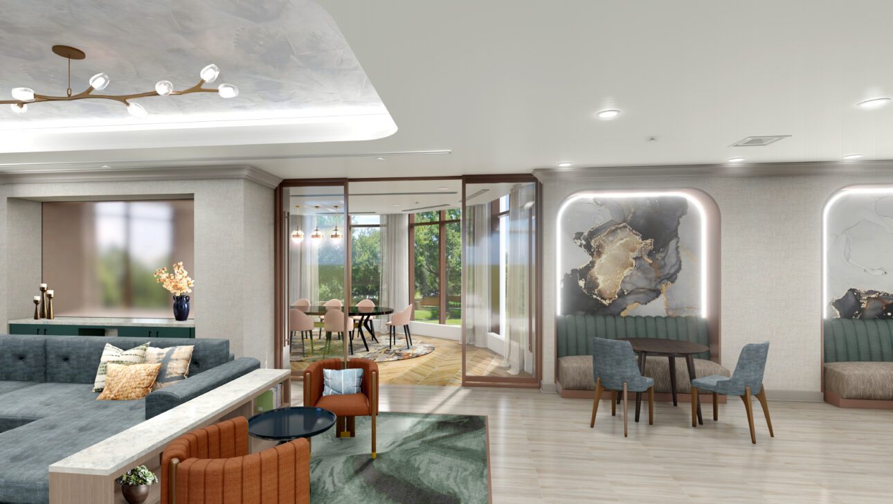 A rendering of the future clubroom, with entertaining spaces opening onto a private dining area with views of the landscaped grounds.