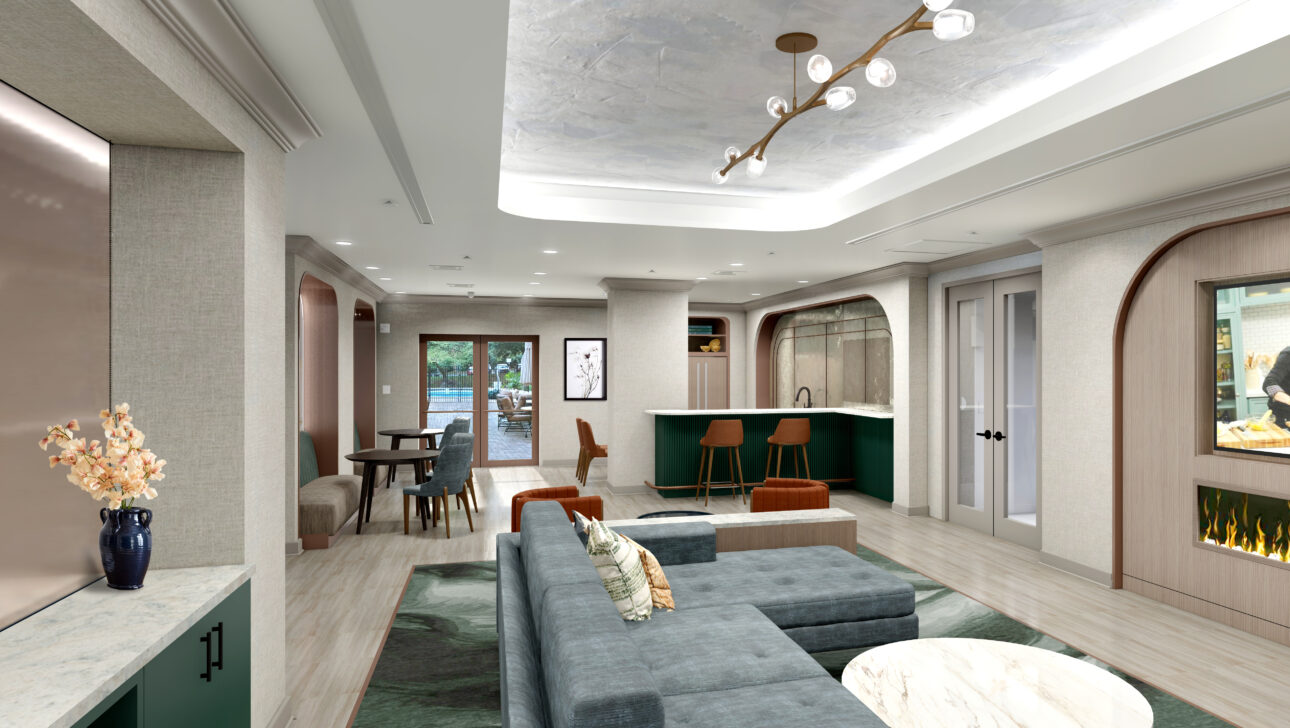 A rendering of the future clubroom, with entertaining spaces and a catering kitchen opening onto the pool area.